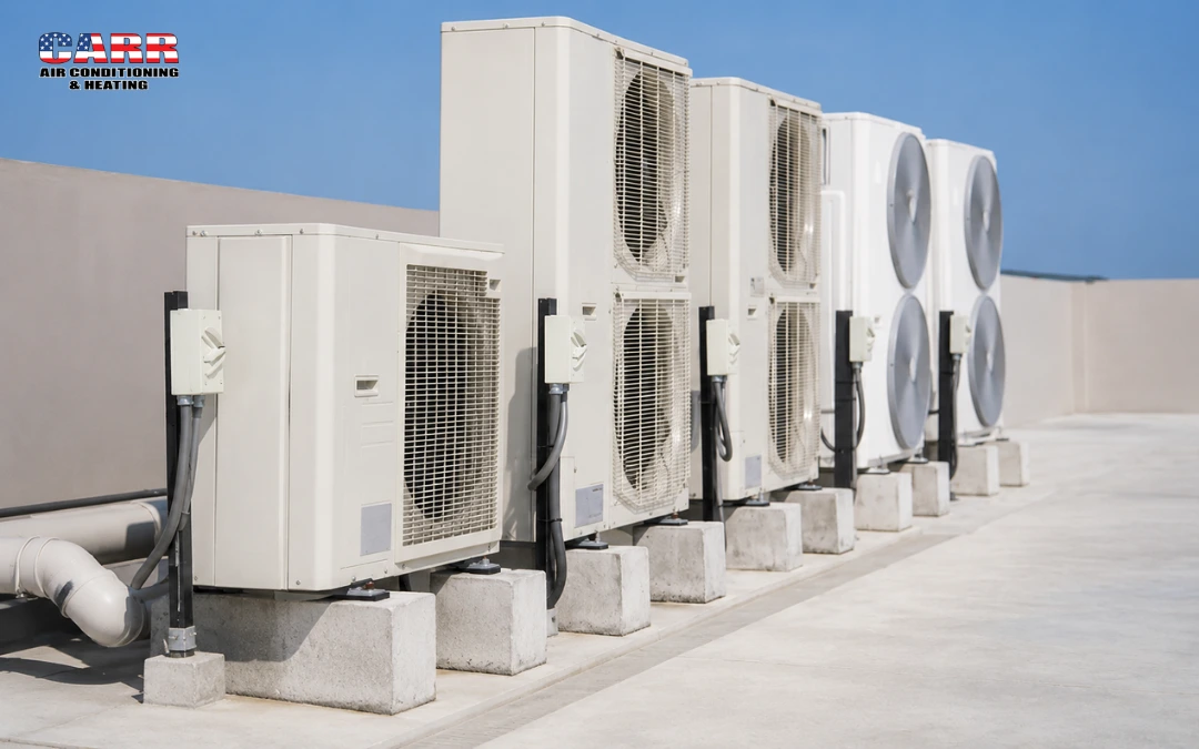 Commercial rooftop HVAC units showing ac blowing warm air issues during summer heat