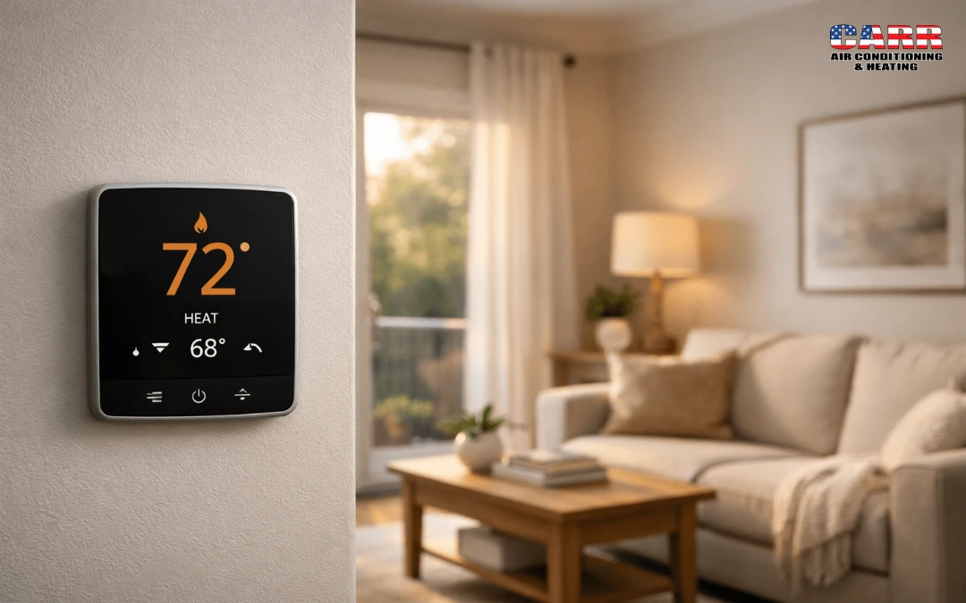 Cozy Florida living room thermostat set to 72°F — is 72 degrees a good temperature for heat?