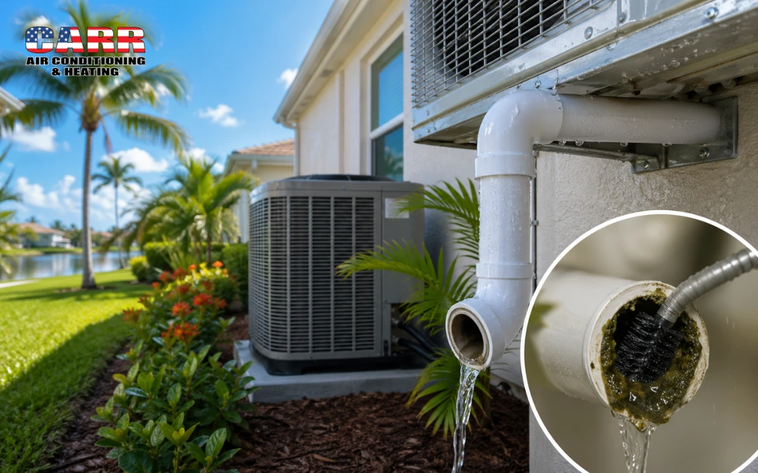 Prevent AC drain line clogs with clean PVC pipe draining water from outdoor HVAC unit in Florida home