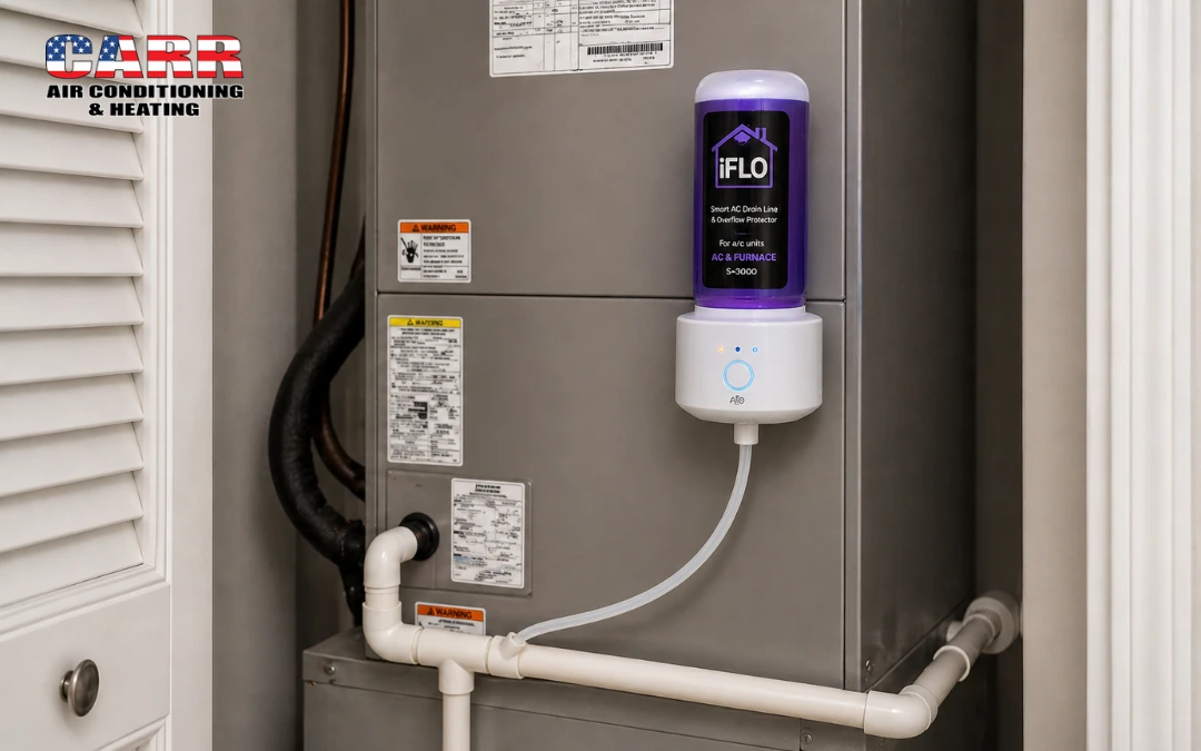 iFlo AC Drain Line System installed on HVAC unit with connected condensate drain line in utility space