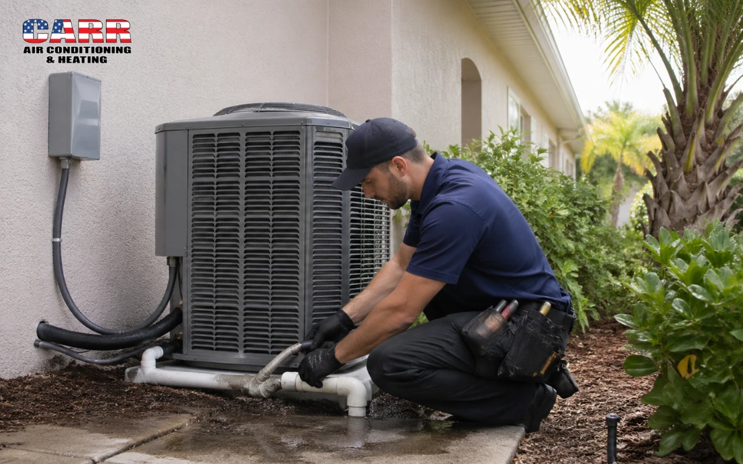 HVAC technician fixing HVAC drain line clog in Florida during AC maintenance