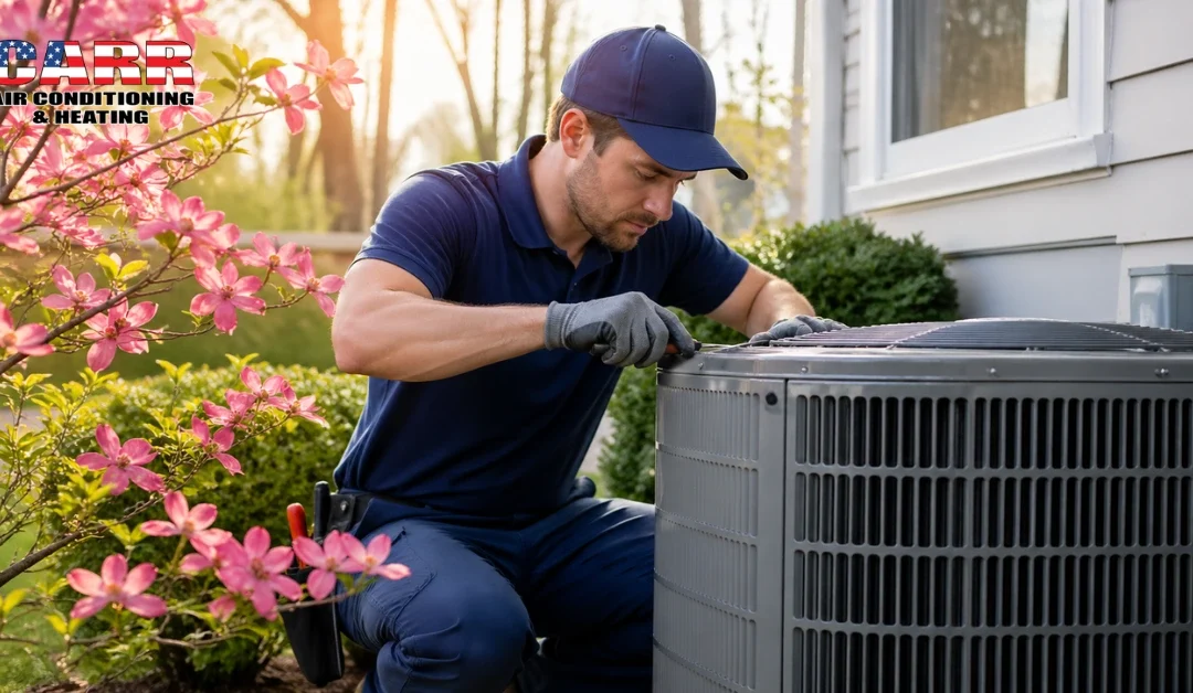 Technician performing HVAC maintenance on outdoor AC unit at a Florida home in spring
