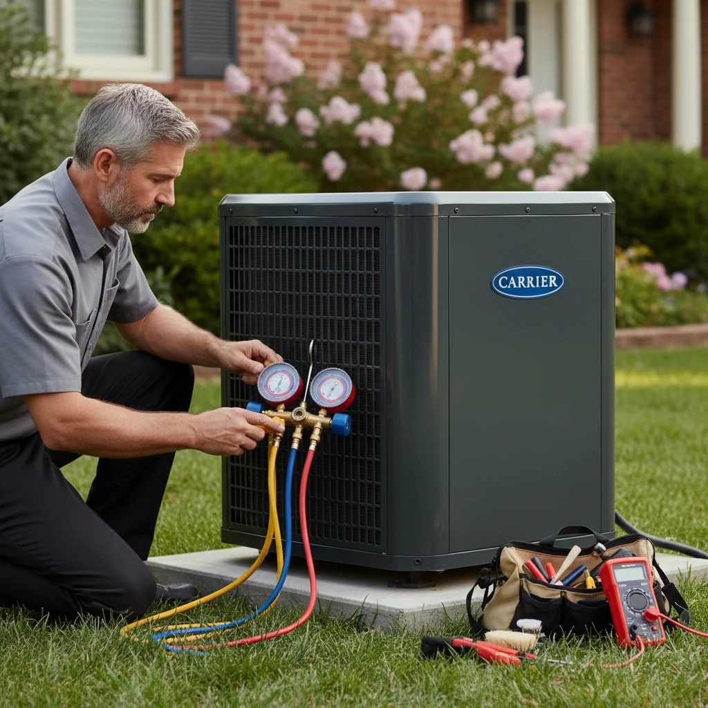 Technician connecting gauges to a new air conditioning system