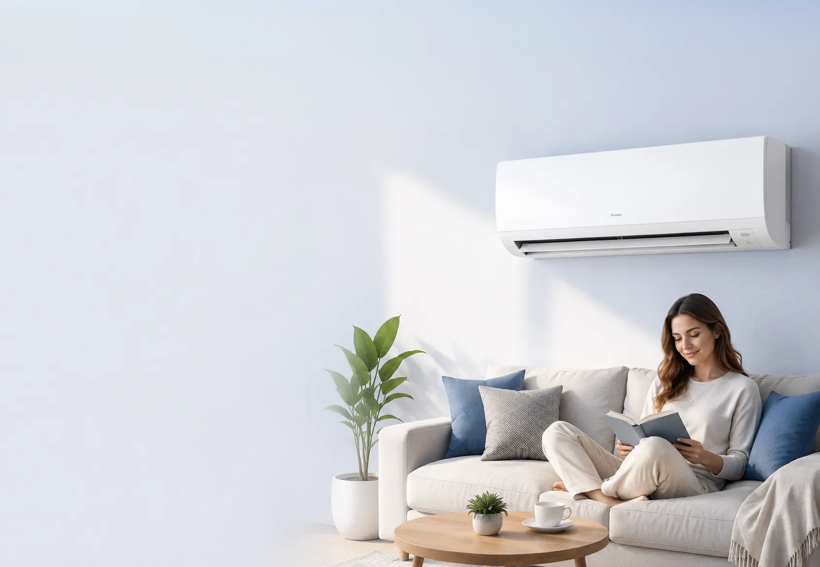 Homeowner relaxing in a cool Clearwater living room beneath a ductless mini-split
