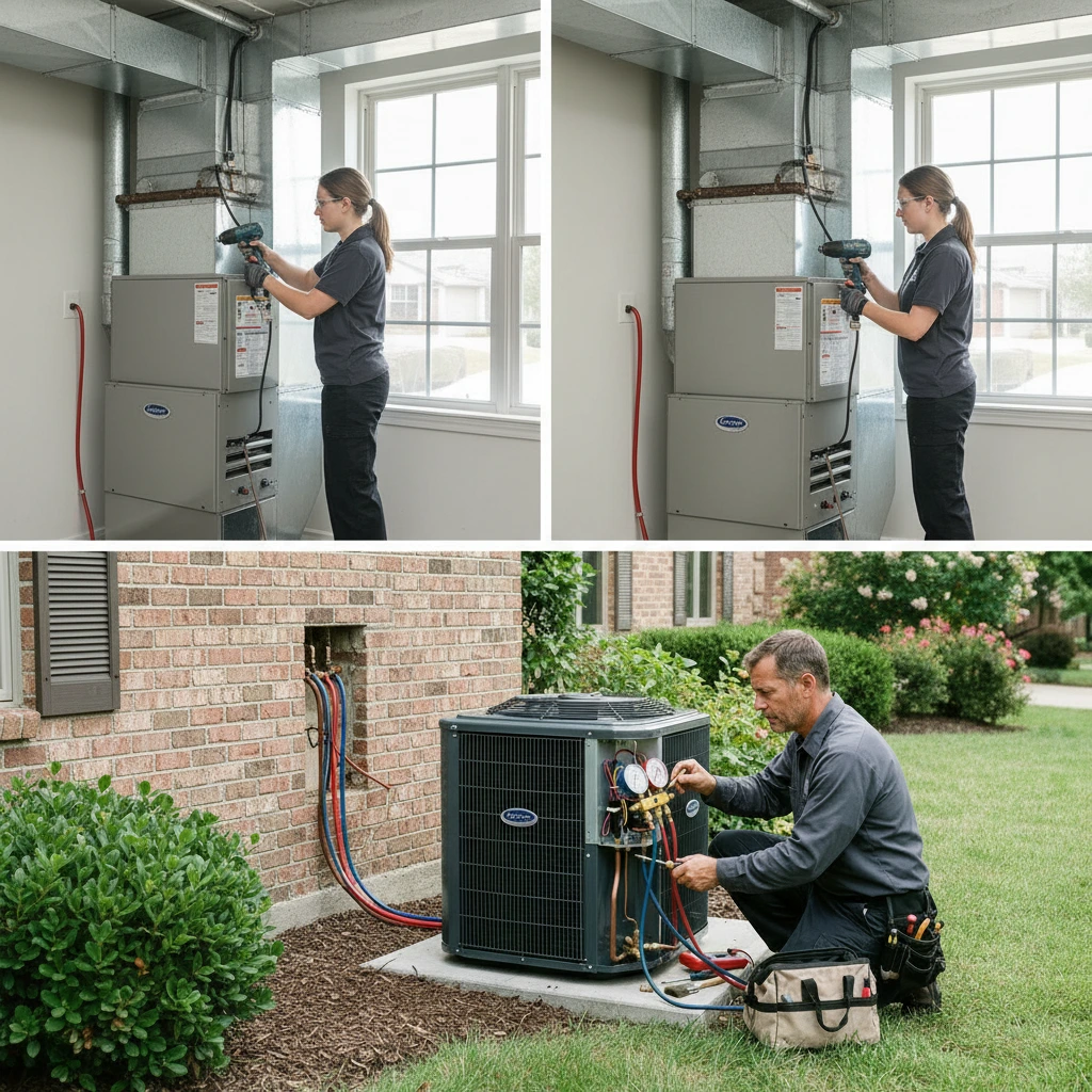 Technician servicing an outdoor HVAC condenser unit