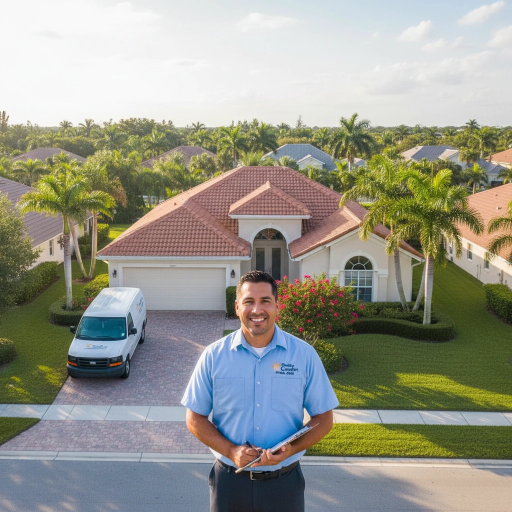 Carr technician outside a Florida home with a service van in the driveway