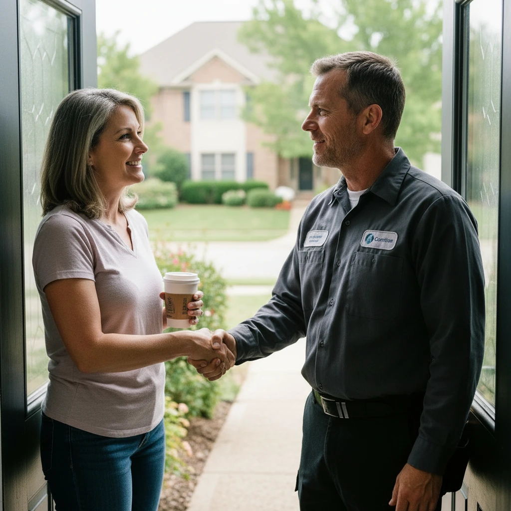 Carr technician shaking hands with a satisfied homeowner